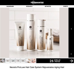 Image of 4 bottles of Neora’s ProLuxe Hair Care system, including shampoo, conditioner, hair mask and scalp treatment.